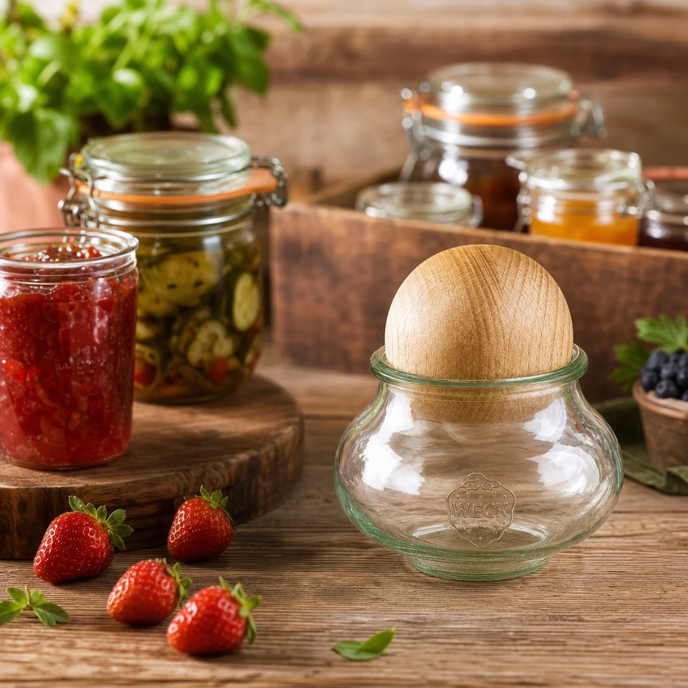 WECK Vorratsglas 560ml RR80 Holzkugel Buche Küchendeko mit Einmachgläsern Marmelade Erdbeeren Holzbrett