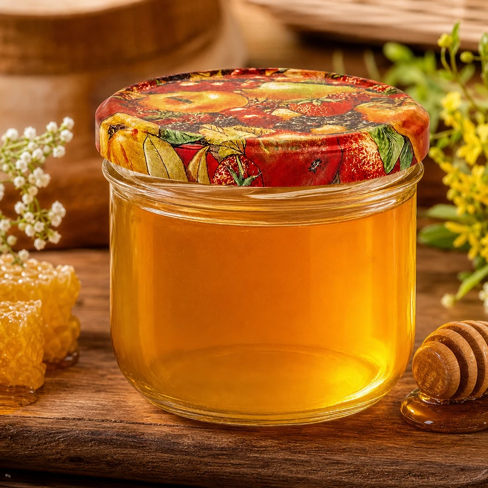 Honig im 260ml Sturzglas mit BasicSeal Obst-Deckel, dekorative Präsentation mit Bienenwaben und Honigstab