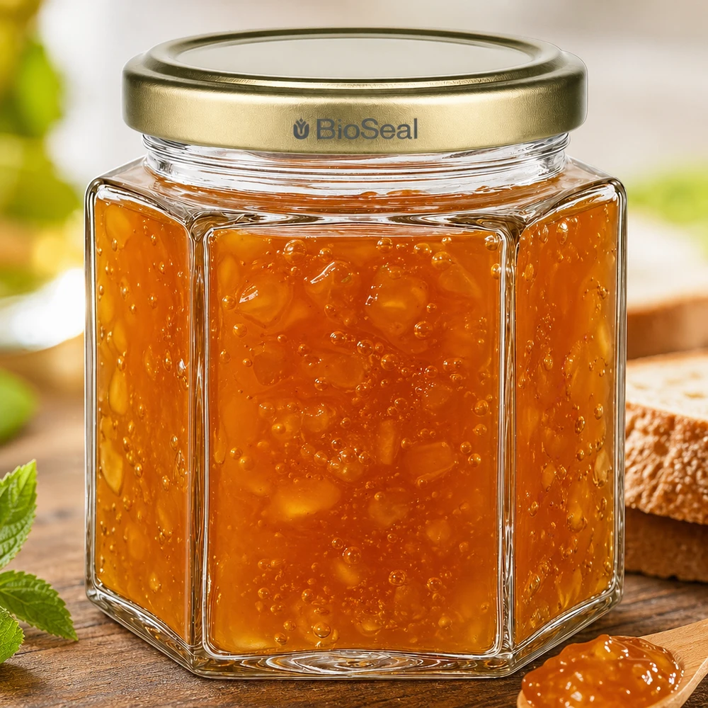 520g Honigglas mit goldenem Deckel BioSeal UNiTWIST Hexagonales 520g Honigglas BioSeal mit Orangenmarmelade gefüllt auf Holzbrett neben Brot und Minze