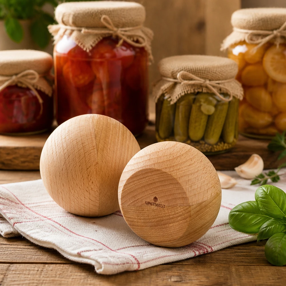 UNiTWIST Holzkugel (Buche) für WECK RR80 UNiTWIST Holzkugeln aus Buche im Küchenambiente - stilvolle Alternative zu Deckeln für WECK RR80 Einmachgläser