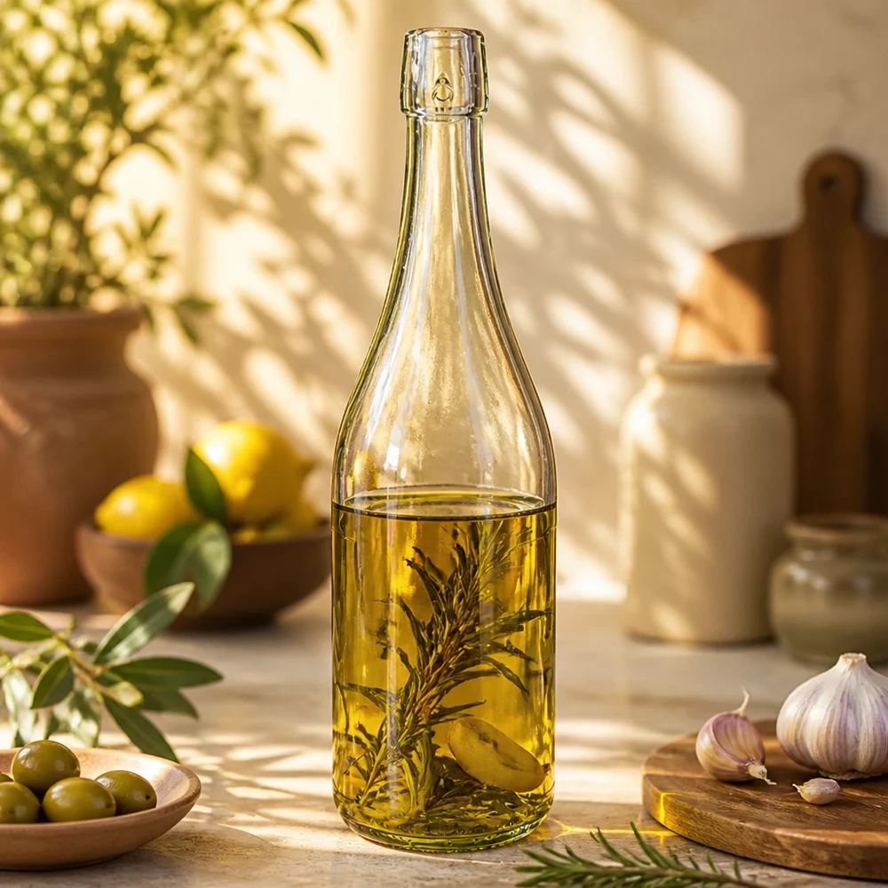 750ml UNiTWIST Glasflasche befüllt mit Kräuteröl in mediterraner Küche mit Oliven und Knoblauch Anwendungsbeispiel