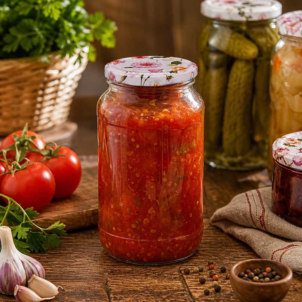 Einmachglas 1062ml mit Tomatensauce gefüllt zeigt praktische Verwendung des rosa Blumendeckels in Küche