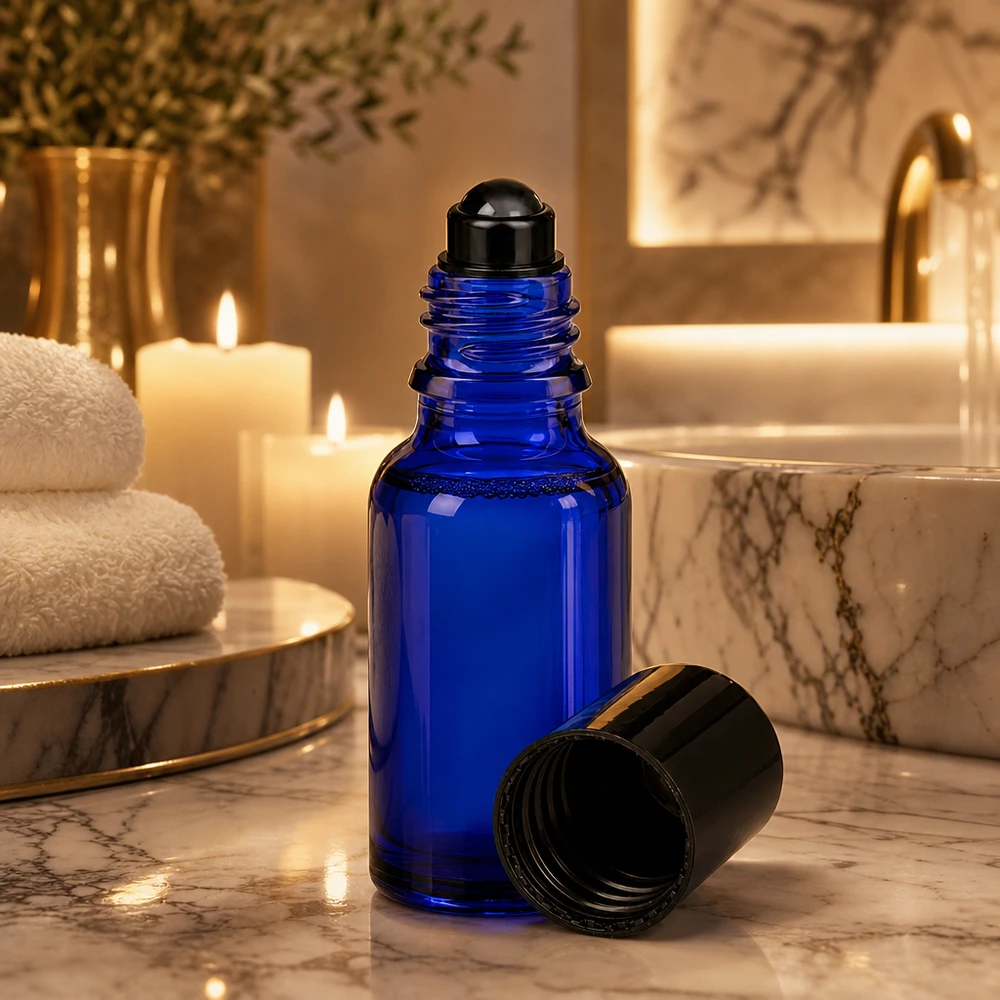 Roll-On Flasche 20ml Blauglas mit schwarzer Kugel in elegantem Spa-Setting