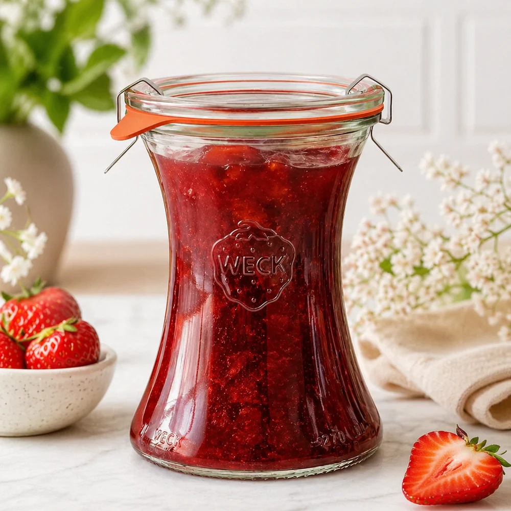 370ml Delikatessenglas komplett WECK RR80 WECK Delikatessenglas 370ml RR80 gefüllt mit hausgemachter Erdbeermarmelade Weckglas mit Bügelverschluss Lifestyle