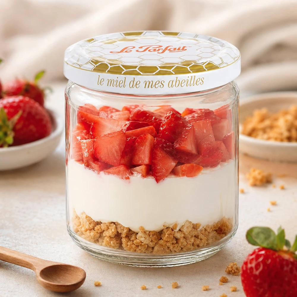 Le Parfait 212ml Honey Vorratsglas als Dessertschale mit Erdbeeren Joghurt und Keksboden geschichtet verwendet