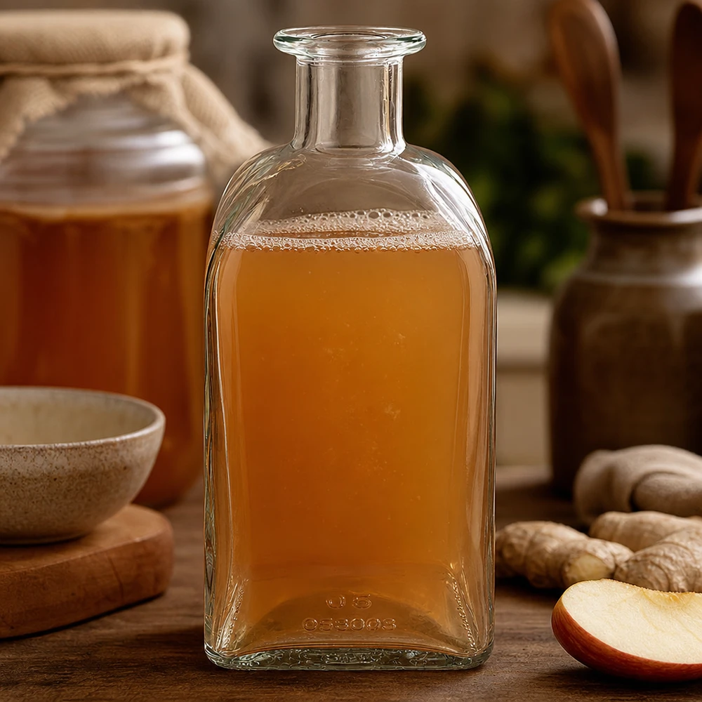 500ml Glasflasche Julia mit bernsteinfarbener Flüssigkeit zwischen Ingwer und Apfelscheiben auf rustikalem Holztisch