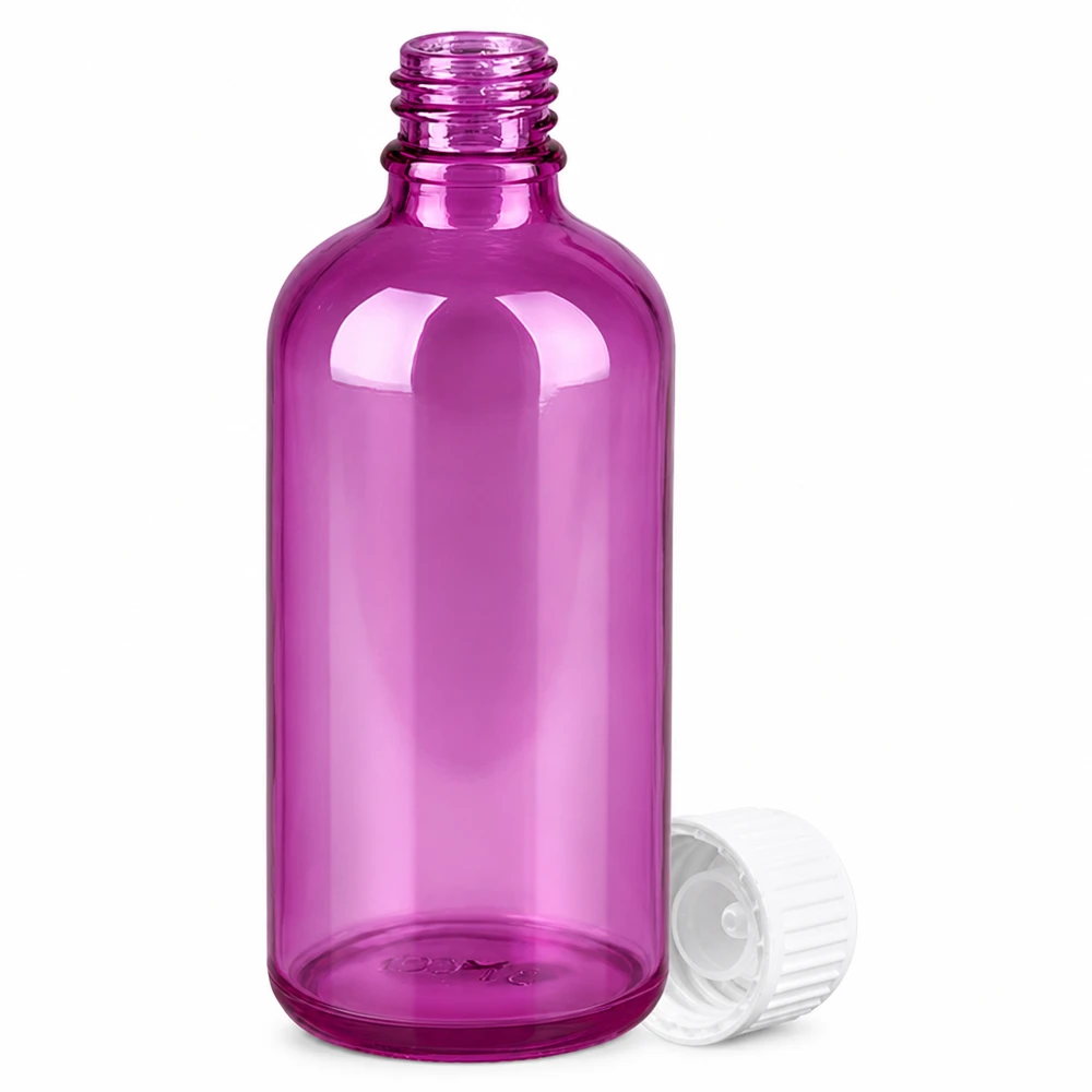 100ml (Globuli)Flasche 3mm Giessring weiß Standard PurpleLine. UT18/100 Kleine violette Glasflasche 100ml mit ergonomischer Form und sicherem Schraubverschluss
