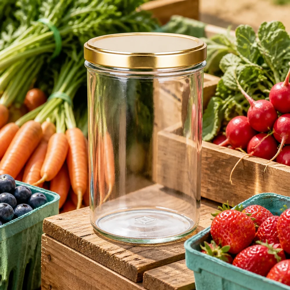 277ml Sturzglas leer mit goldenem BasicSeal Deckel umgeben von frischem Gemüse Obst auf Holzkiste Marktstand