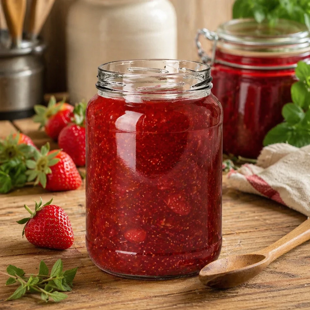 1700ml Rundglas ohne Deckel (TO100) UNiTWIST UNiTWIST Runda1700 Sturzglas mit Erdbeermarmelade gefüllt 1700ml TO100 Einkochen Vorratsglas Küche Holztisch