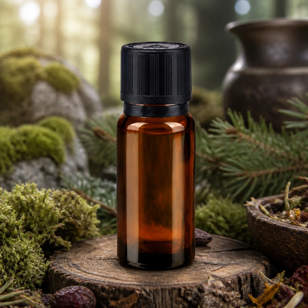 Apothekenflasche braun 10ml Tropfer Giessring 1mm schwarz Kindersicherung Blindenwarnsymbol Originalitätsverschluss Apothekerglasflasche 10ml mit präziser Tropföffnung umgeben von Waldkräutern und natürlichen Elementen