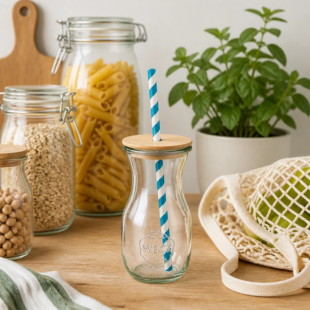 WECK Saftflasche 290ml nachhaltige Küche Zero Waste Glasflaschen Vorratsgläser Pasta Holzdeckel Öko-Strohhalm
