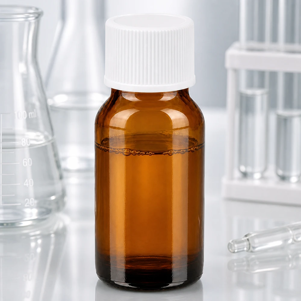 Handliche 10ml Probenflasche aus braunem Glas mit auslaufsicherem weißem Schraubverschluss