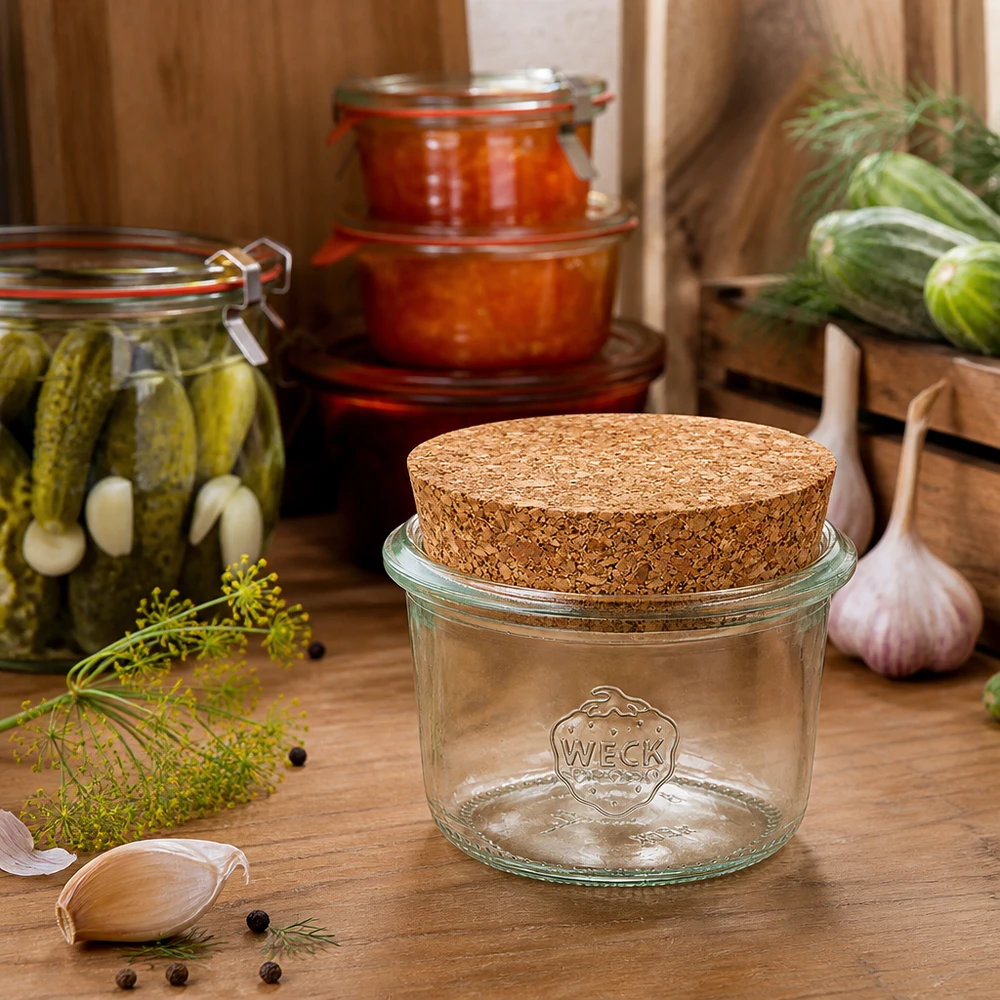 WECK RR60 Sturzglas 80ml mit Korken in rustikaler Küche neben eingelegten Gurken und frischen Kräutern