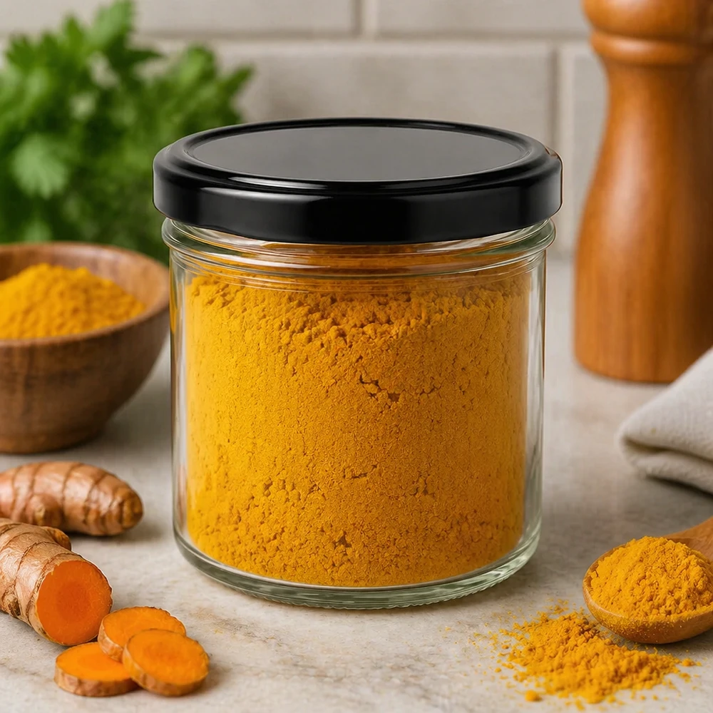 125ml Sturzglas mit schwarzem BasicSeal Deckel gefüllt mit Kurkumapulver frische Kurkumawurzel Gewürzglas Küche
