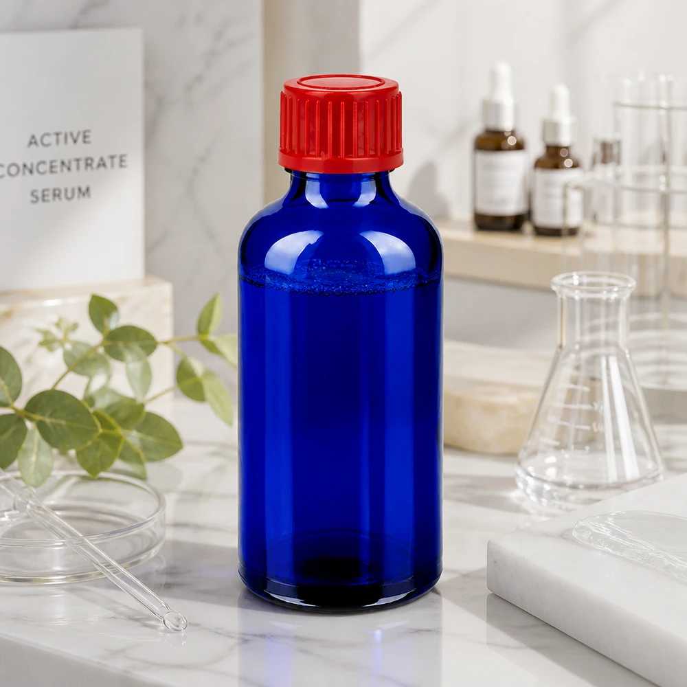 50ml Flasche 11mm Schraubverschluss rot Standard BlueLine UT18/50 Robuste Glasflasche 50ml UT18/50 mit bruchsicherem Design und rotem Schraubdeckel