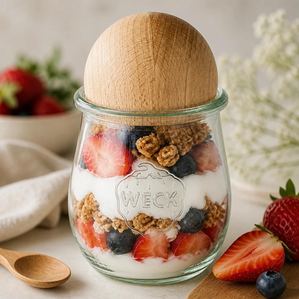WECK Tulpenglas RR60 220ml als Joghurt-Parfait mit Beeren und Nüssen, Buchenholzkugel-Verschluss für Desserts
