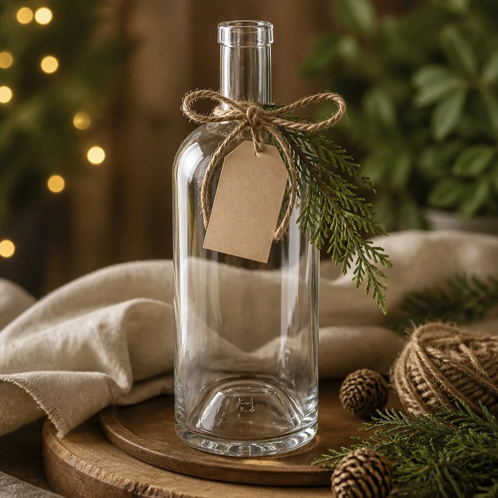 750ml Glasflasche Emma weihnachtlich dekoriert mit Kraftpapier-Anhänger Jute-Schleife und Tannenzweig auf Holzbrett