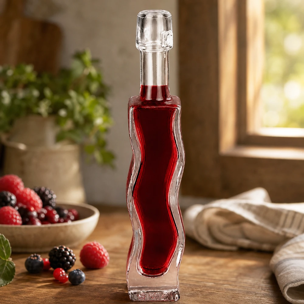 40ml Glasflasche Anna mit rotem Beerensaft befüllt Beerenfrucht-Deko Küchenszenerie Anwendungsbeispiel Likör