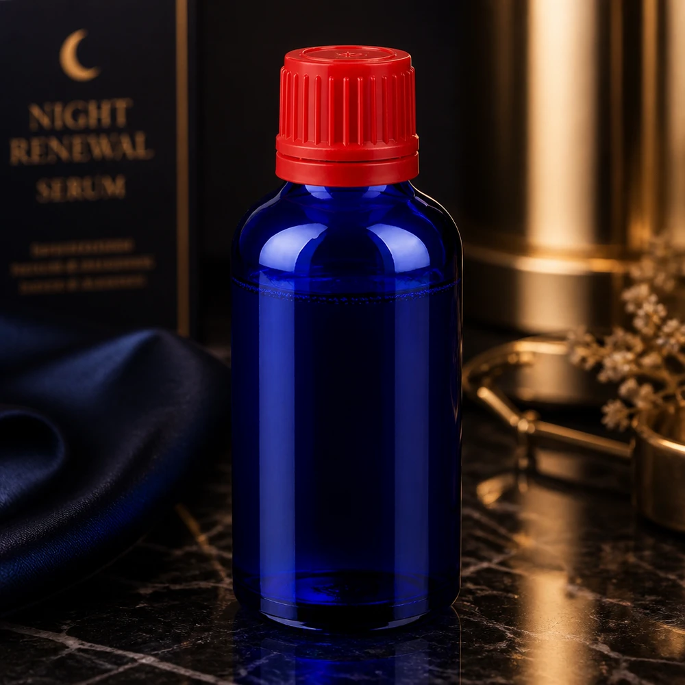50ml Flasche 11mm Schraubverschluss rot Originalitätsverschluss BlueLine UT18/50 Kosmetik Glasflasche 50ml blau rot für Seren SV 11mm OV BlueLine UT18/50