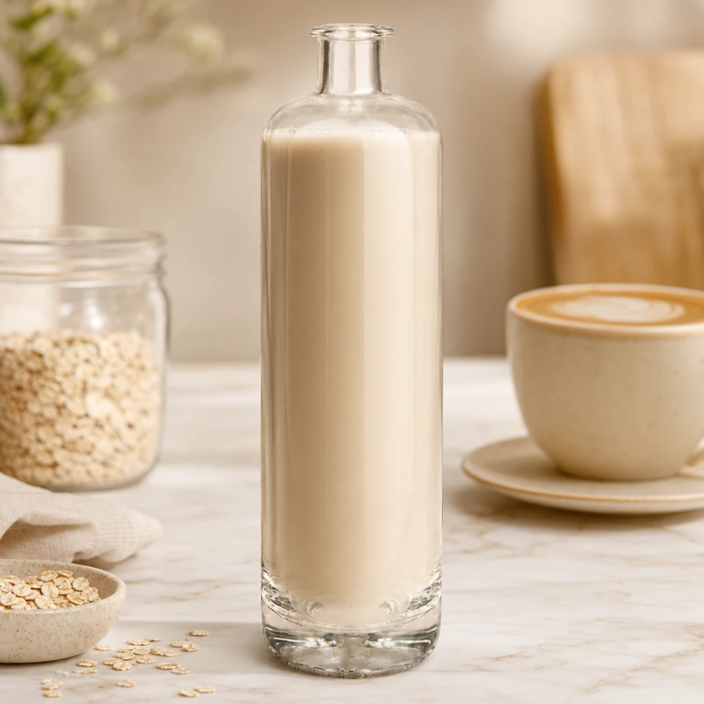 700ml Glasflasche "Eleganz" ohne Verschluss UNiTWIST® 700ml Glasflasche Ella mit cremiger Hafermilch befüllt neben Haferflocken und Kaffeetasse in natürlicher Küchenszene