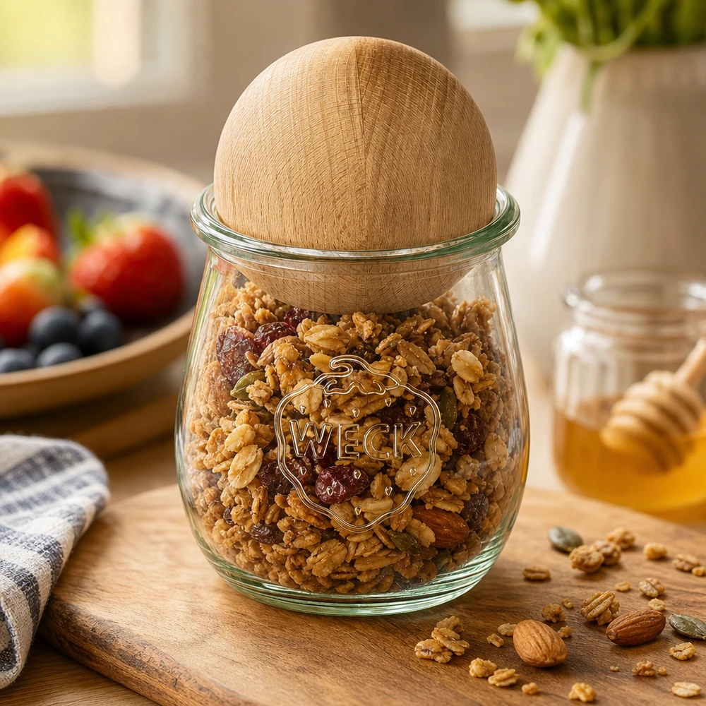 WECK Tulpenglas 220ml mit Buchenkugel gefüllt mit Nüssen und Trockenfrüchten, Vorratsglas Küchenszenerie