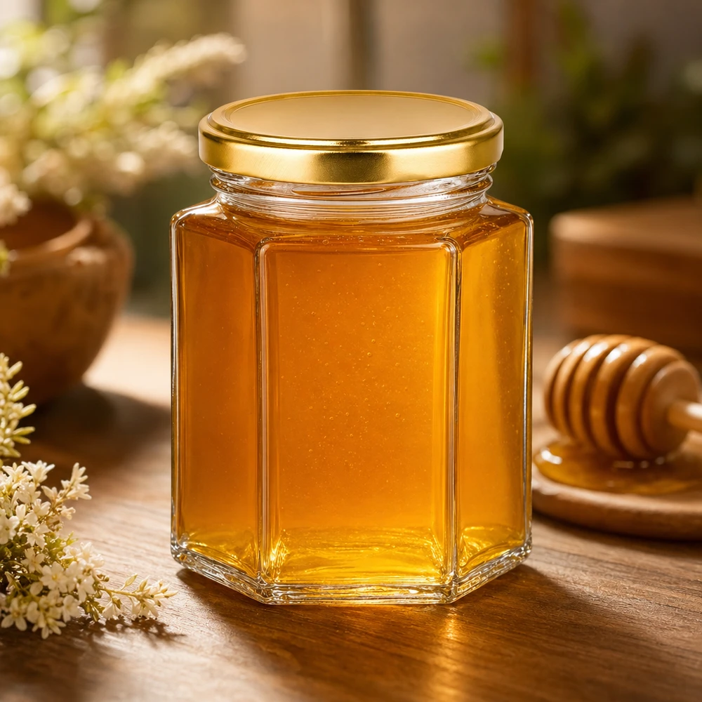 250g Honigglas hexagonal BasicSeal goldener Deckel mit Honig gefüllt neben Honiglöffel auf Holztisch Naturprodukt