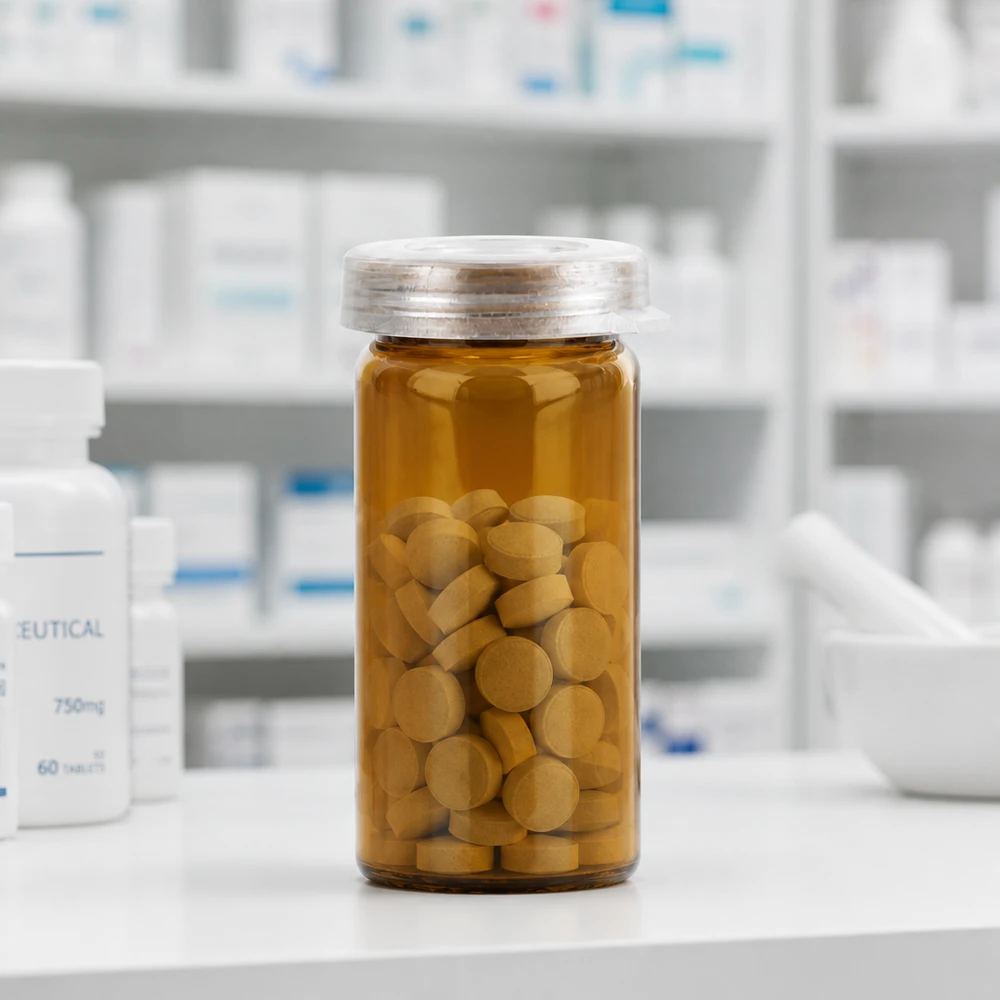 Durchsichtiges Braunglas 5ml gefüllt mit zylindrischen Tabletten neben Mörser und Pharmaflaschen
