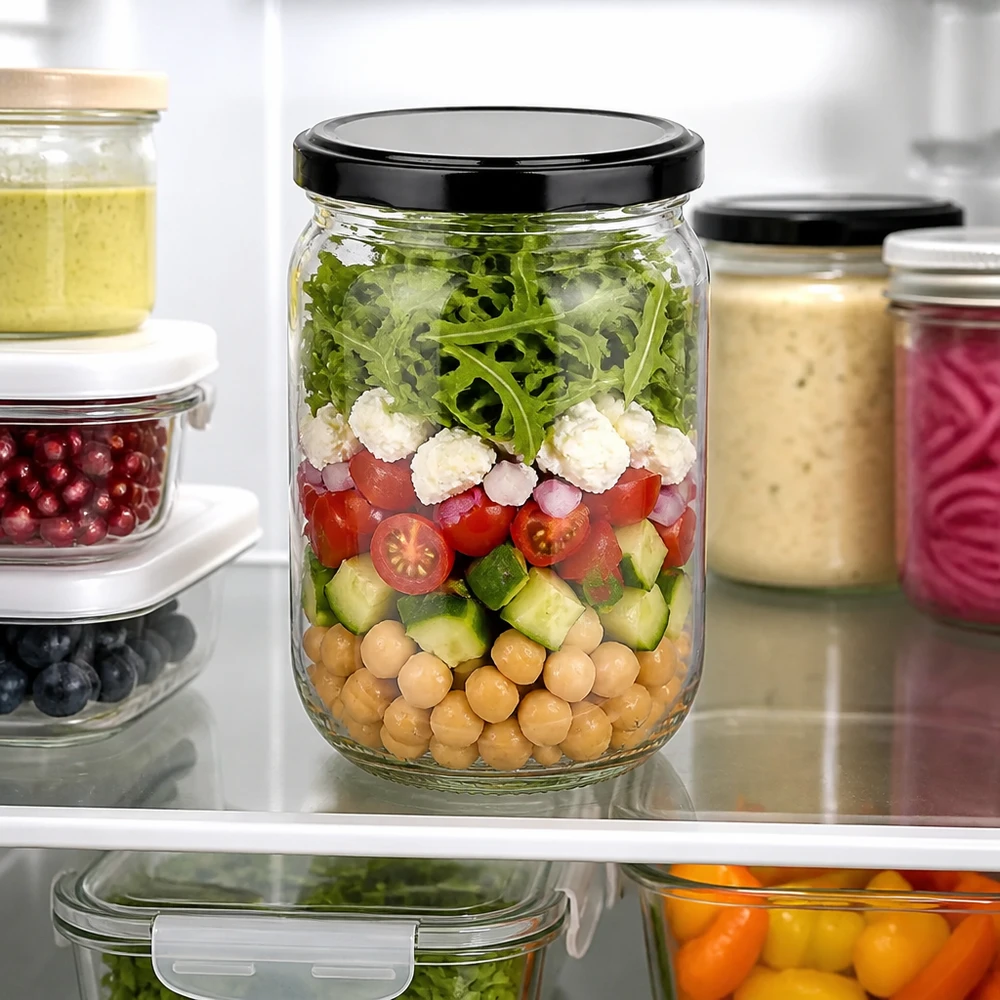 Nachhaltiges Meal Prep 555ml Rundglas schwarzer BasicSeal Deckel mit Rucola und Feta