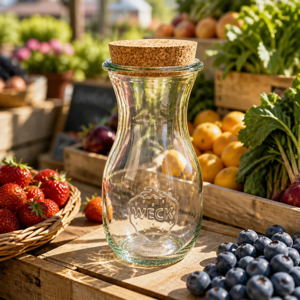WECK Saftflasche 290ml RR60 mit Naturkorken auf Holztisch zwischen frischen Heidelbeeren und Erdbeeren Marktstand