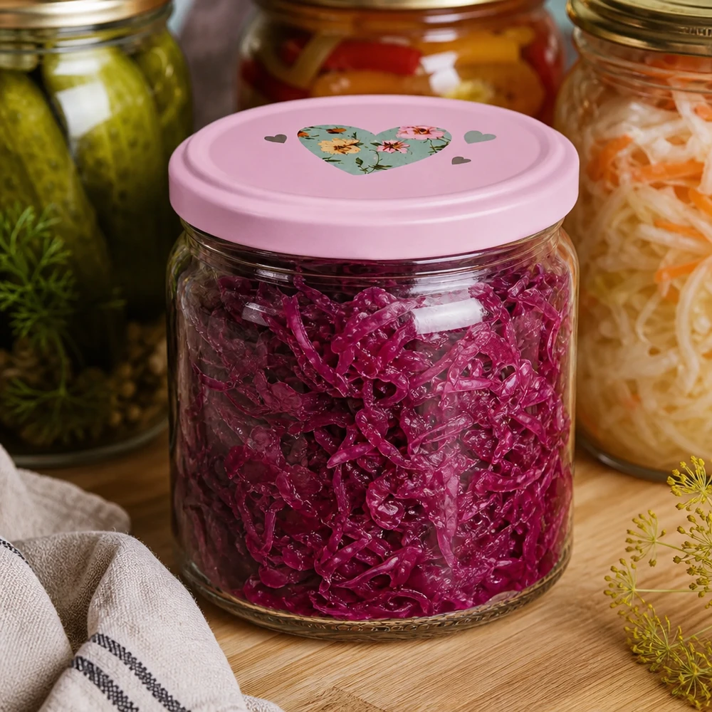 408ml Rundglas mit rosa Herz-Deckel gefüllt mit fermentiertem Rotkohl zwischen anderen Einmachgläsern