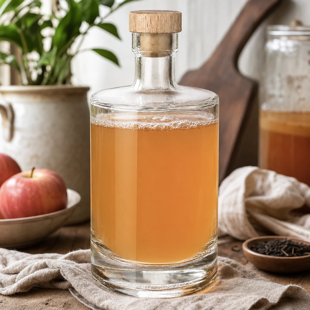 500ml Glasflasche "Marie" mit Holzgriff-Korken UNiTWIST 500ml Glasflasche Marie mit Apfellikör gefüllt - Holzkorken UNiTWIST - Küchenstillleben mit Äpfeln und Gewürzen