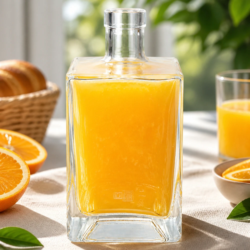 700ml Glasflasche "Gali" ohne Verschluss UNiTWIST® 700ml Glasflasche Ben mit Orangensaft gefüllt auf gedecktem Frühstückstisch mit frischen Orangen und Gebäck