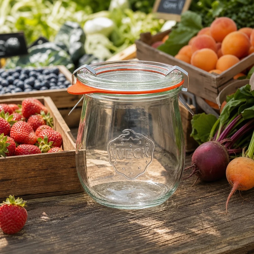 WECK Tulpenglas 220ml RR60 leer auf Holztisch umgeben von frischem Obst und Gemüse vom Markt Einmachglas Set