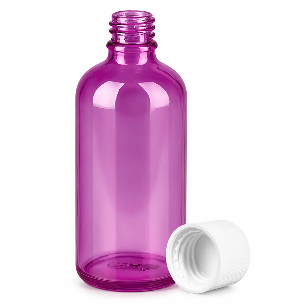 100ml Flasche 11mm Schraubverschluss weiß Standard Kindersicher PurpleLine. UT18/100 Kompakte 100ml Behälter in lila transparent mit kindersicherem Verschluss für sichere Aufbewahrung