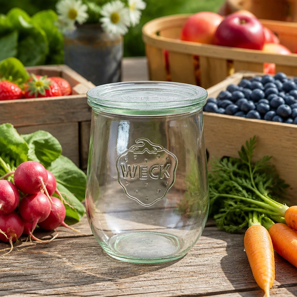 1062ml Tulpenglas mit Glasdeckel WECK RR100 WECK Tulpenglas 1062ml Glasdeckel RR100 Einkochen frisches Obst Gemüse Radieschen Karotten Blaubeeren Holztisch