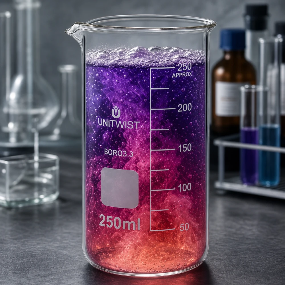 Becherglas 250ml Borosilikat, hohe Form UNiTWIST Borosilikat Glas Becherglas 250ml hohe Form neben Reagenzgläsern und Laborflaschen