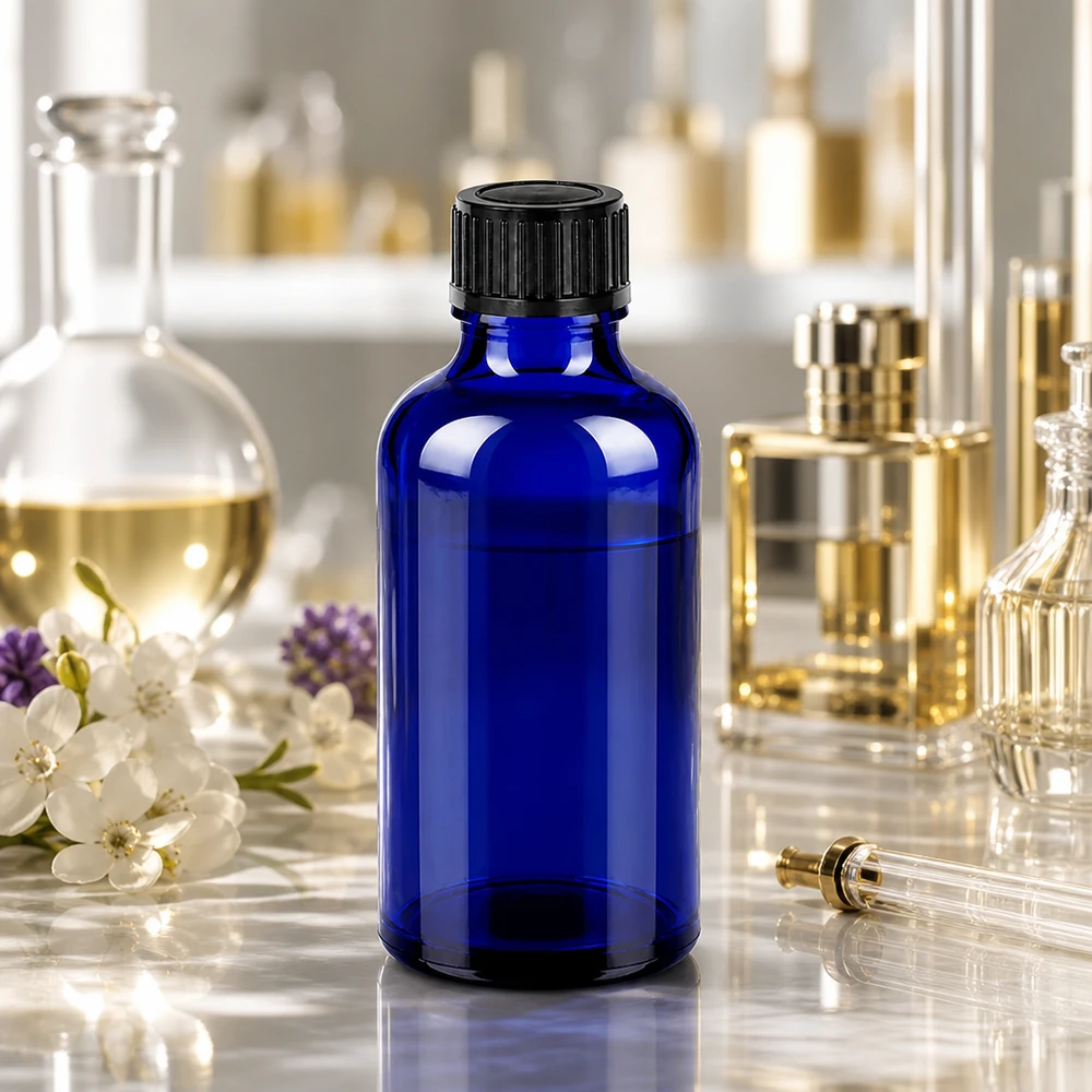 50ml Flasche 11mm Schraubverschluss schwarz Originalitätsverschluss BlueLine UT18/50 Professionelle 50ml Flasche aus blauem Glas mit mattschwarzem Verschluss für Apotheke und Kosmetik