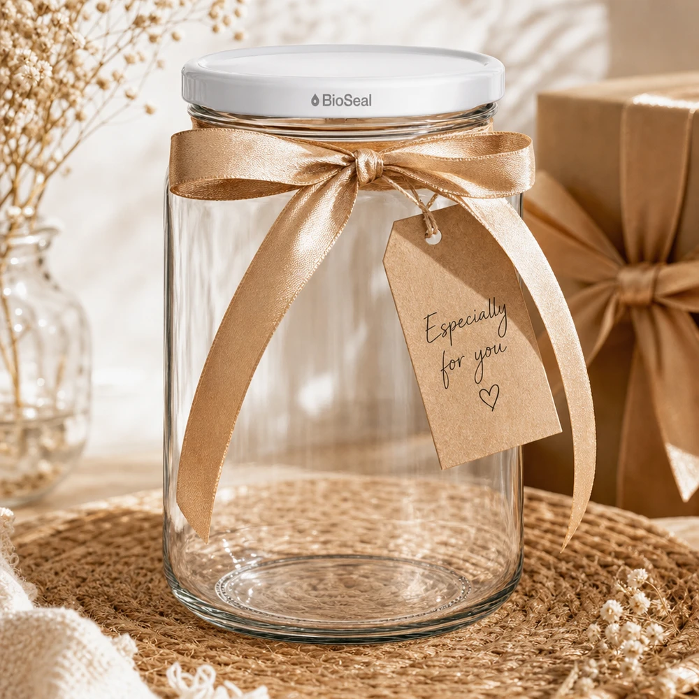 UNiTWIST Runda382 Geschenkverpackung mit goldener Schleife und Anhänger - dekoratives Einmachglas mit weißem BioSeal Dec
