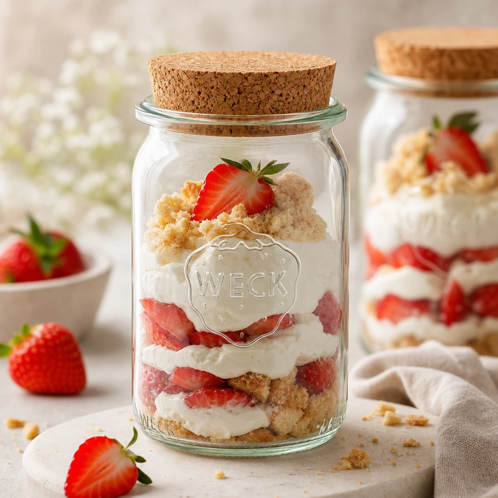 145ml Zylinderglas WECK RR40 mit Korken natur WECK Einmachglas 145ml mit Korkdeckel als Dessertglas mit Erdbeertorte Schichtdessert Tiramisu im Glas verwendbar