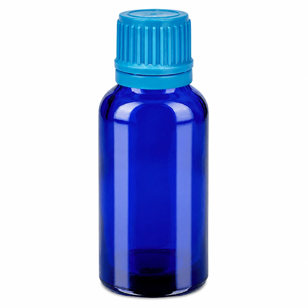 Kompakte 30ml Flasche in tiefblau mit praktischem Schraubverschluss für unterwegs