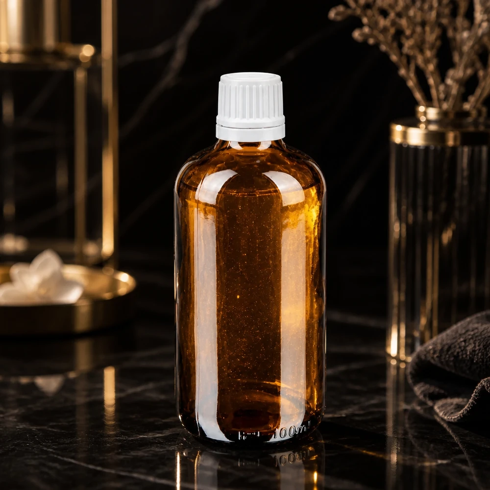 Apothekenflasche braun 100ml Tropfverschluss 1.2mm weiß Originalitätsverschluss Zylindrische braune Medizinflasche 100ml mit weißem Tropfer auf glänzender Marmoroberfläche
