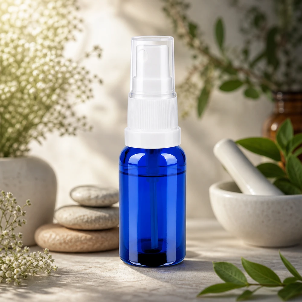 20ml Sprayflasche weiß/transparent Standardverschluss BlueLine UT18/20 Elegante 20ml Flasche in tiefblau mit weißem Zerstäuber für selbstgemachte Gesichtswasser