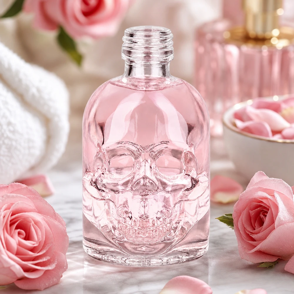 50ml Glasflasche "Hector" ohne Schrauberschluss UNiTWIST 50ml Totenkopf Glasflasche Hector rosa gefärbt feminine Dekoration mit Rosen parfümierte Kosmetik UNiTWIST Design