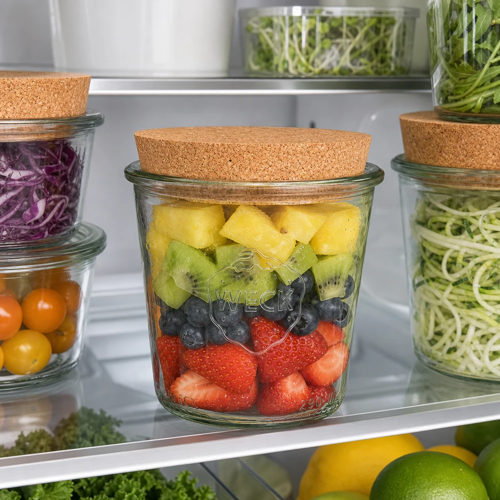 290ml Sturzglas hoch WECK RR80 mit Korken natur WECK Sturzglas 290ml RR80 mit Korkdeckel zur Aufbewahrung von frischen Früchten im Kühlschrank Meal Prep