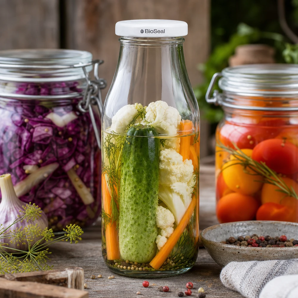 263ml Flasche mit BioSeal Deckel weiß UNiTWIST UNiTWIST Bottle263 mit weißem TO43 BioSeal Deckel gefüllt mit eingelegtem Gemüse neben Einmachgläsern auf Holztisch