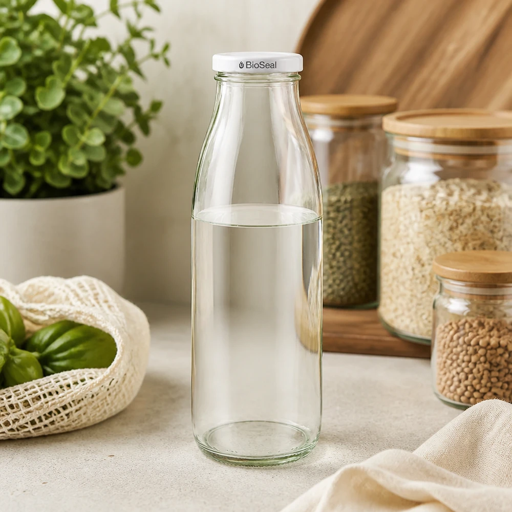 500ml Glasflasche + BioSeal Deckel weiß UNiTWIST 500ml Glasflasche leer mit weißem BioSeal Deckel in nachhaltiger Küche zwischen Vorratsgläsern und Bio-Gemüse