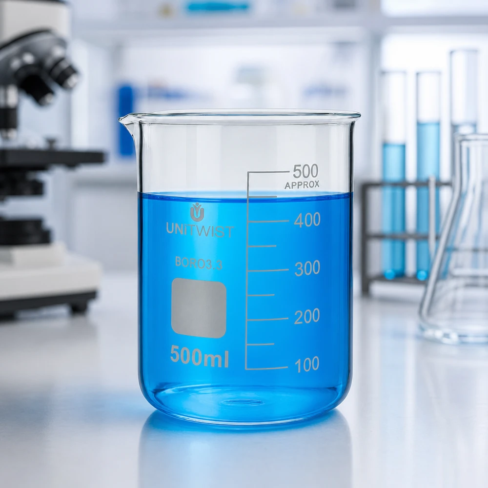 Becherglas 500ml Borosilikat, niedrige Form UNiTWIST UNiTWIST Becherglas 500ml Borosilikat mit präziser 100ml Skaleneinteilung im Laborumfeld