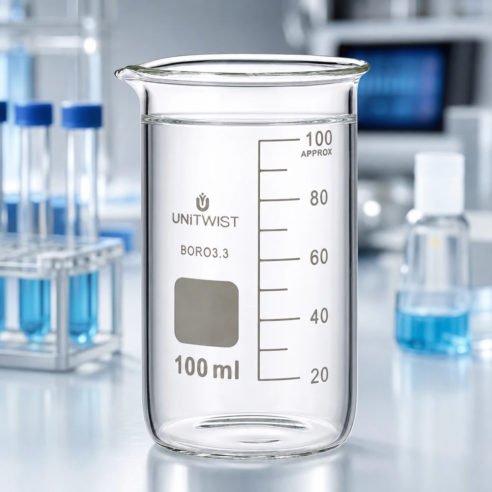 Becherglas 100ml Borosilikat, hohe Form UNiTWIST UNITWIST Becherglas 100ml hohe Form Borosilikat 3.3 mit klarem Glasboden auf Laboroberfläche
