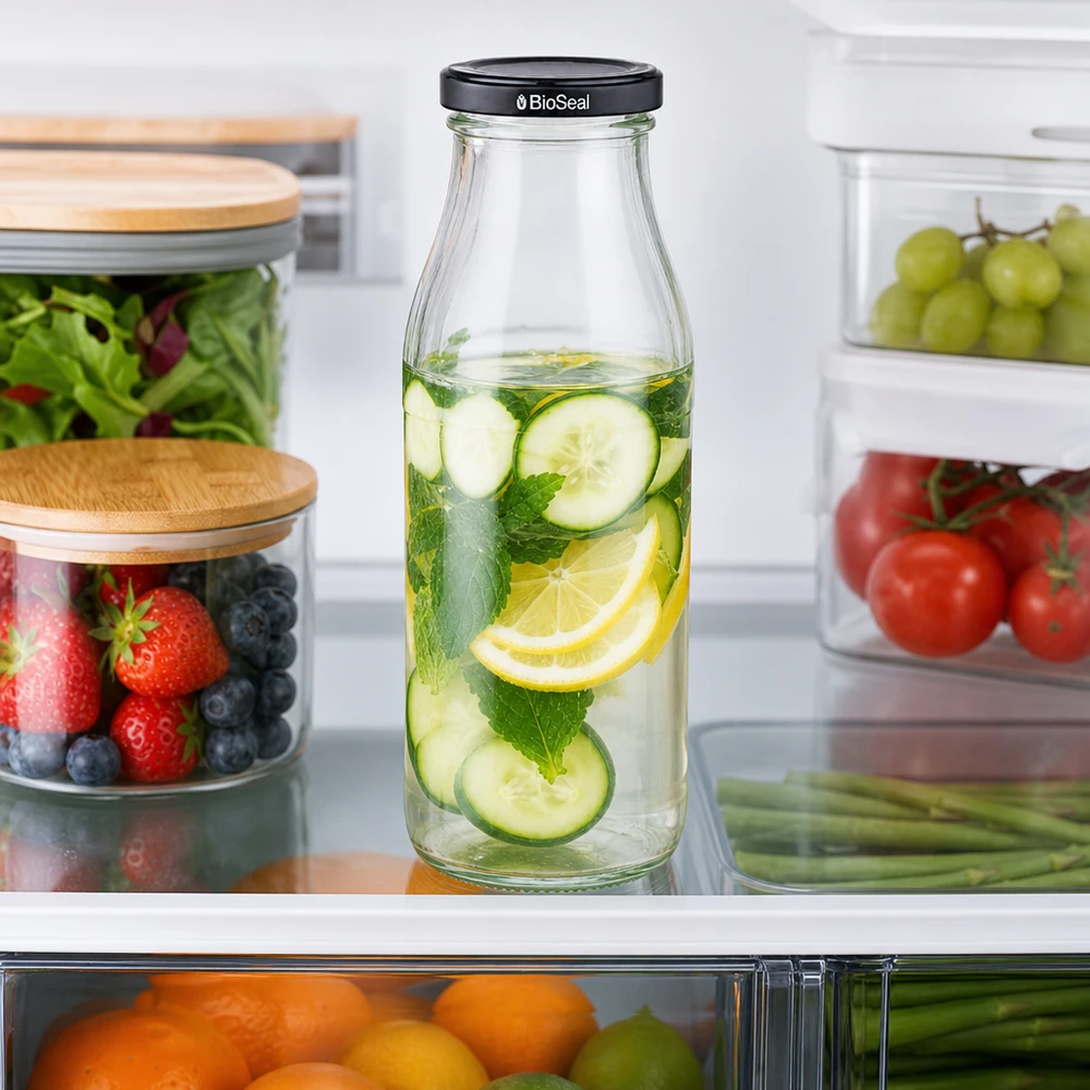 500ml Glasflasche + BioSeal Deckel schwarz UNiTWIST 500ml Glasflasche mit Gurken Zitronen Infused Water im Kühlschrank neben frischen Lebensmitteln in Vorratsdosen