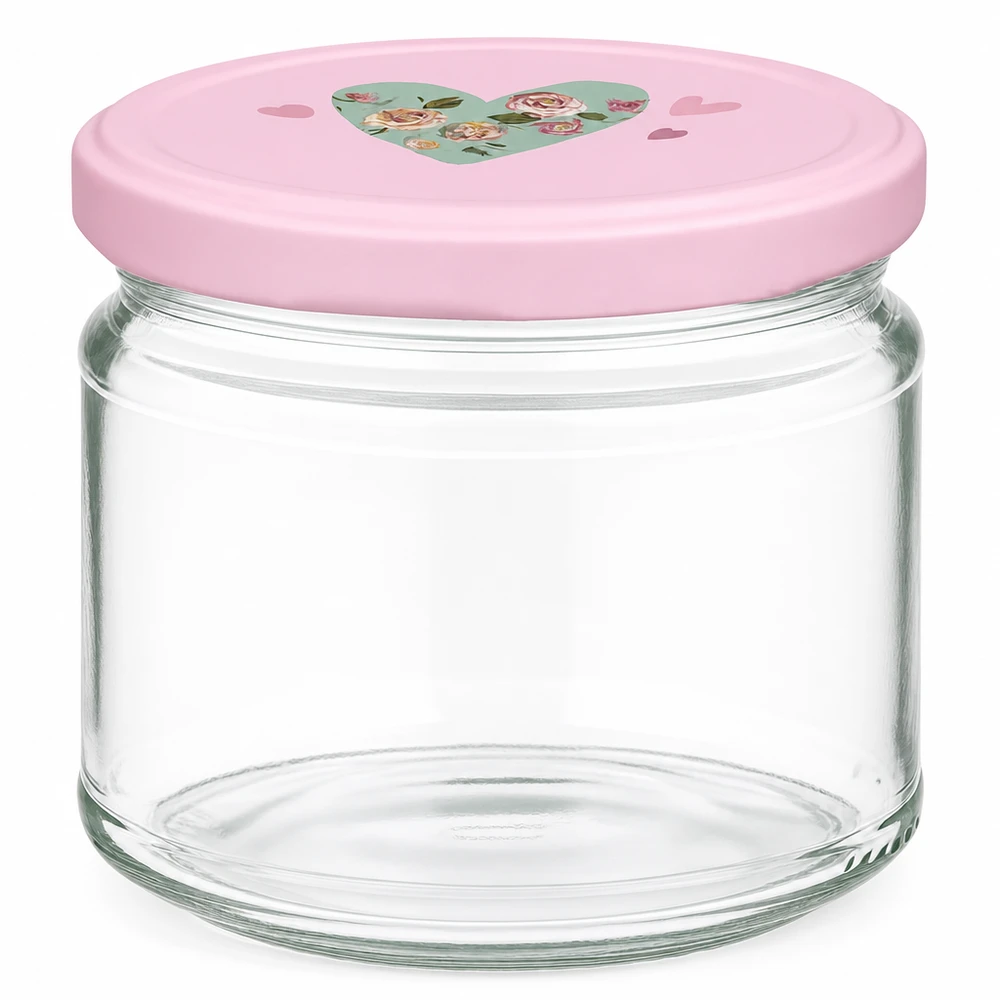 330ml Rundglas + BasicSeal Deckel Herz rosa UNiTWIST 330ml Rundglas mit rosa BasicSeal Deckel und Herz-Motiv, leeres Einmachglas für Marmelade und Konserven